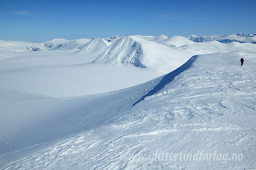 Fra Vestre Holåtinden med utsikt øst-sørøstover mot andre Holåtinder, Hestbreapigger og Jotunheimen. Nede til venstre ses Holåbreans vidstrakte snøflate.